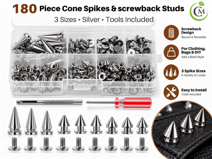 Punk Style Cone Spikes Screwback Studs Rivets Set | DIY Accessories Pack for Clothes, Belts, Shoes, and Bags