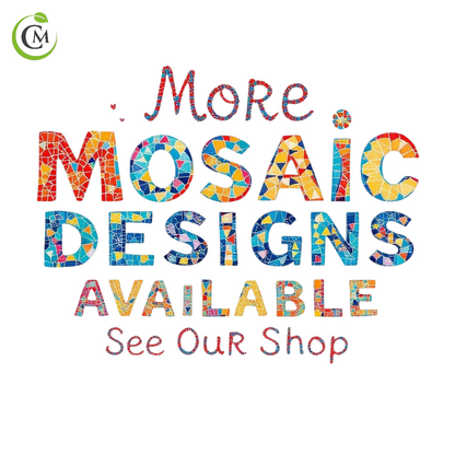 Craft Mint graphic reading More Mosaic Designs Available, See Our Shop, with multicoloured mosaic lettering