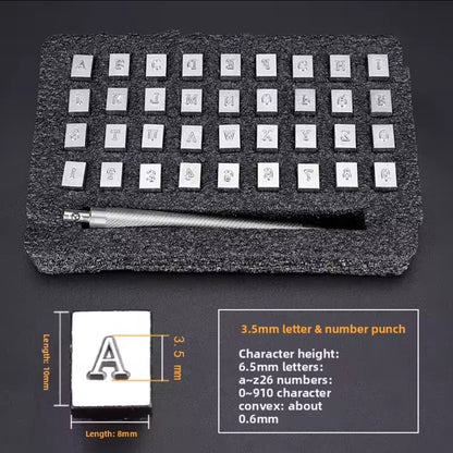 Letter and number steel punches stored in foam with a stamping handle and diagram of 3.5 mm character dimensions.